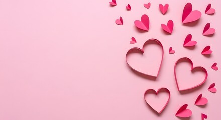 Pink paper hearts and cookie cutters on a soft pink background