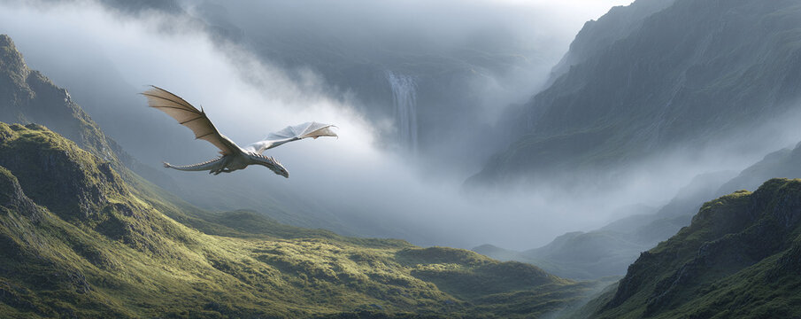 Majestic dragon soars through a misty, mountainous landscape. Fantasy concept. Ideal for book covers, games, and mythical themes, evoking wonder adventure.