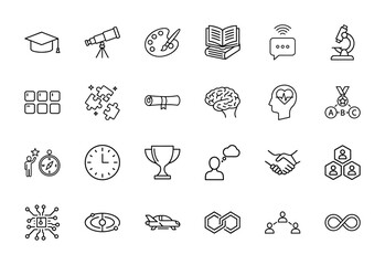 Fototapeta premium Knowledge and discovery line icon set. Vector pictograms of graduation cap, telescope, books, brain, handshake, microchip, and infinity, thin linear illustration.