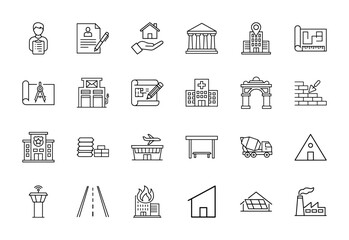 Fototapeta premium Construction and real estate line icon set. Vector pictograms of architect, blueprint, house, building, police station, factory, road, and airport, thin linear illustration.