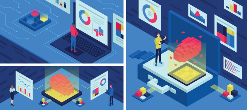 Data science abstract isometric set of illustrations with people and dashboards.