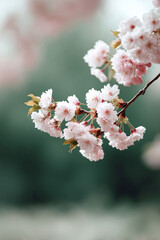 Obraz premium Soft, dreamy closeup of delicate pink blossoms on a branch against a muted green background. Evokes springtime, beauty, and renewal. Ideal for nature, wedding, and greeting card designs.