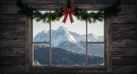 Festive window with christmas garland overlooking snowy mountains