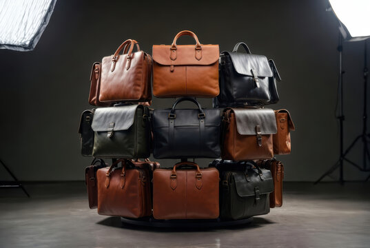 Hyper-realistic animation of rotating studio stand stacked with leather handbags collection
