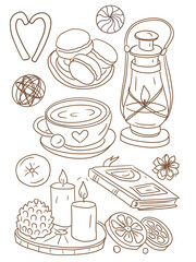 Cozy winter candles tea coffee home decor tangerines and cinnamon kerosene lamp hand drawn set doodle sketch cartoon cute hygge house