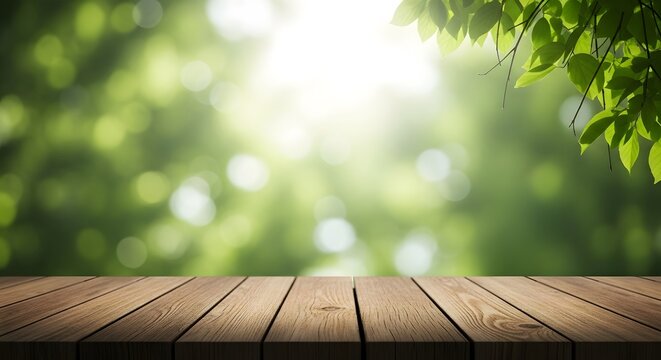 Empty wooden table surface with soft green forest sunlight bokeh background