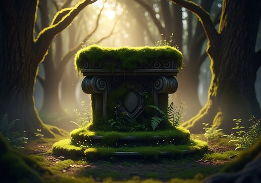 Ancient moss covered stone altar bathed in ethereal sunlight within a mystical enchanted forest setting