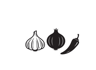 Black and White Vegetable Illustration Featuring Garlic, Onion, and Chili Pepper