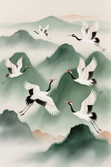 Obraz premium Traditional ink-style cranes flying over misty green mountains, symbolizing harmony, nature, serenity and decorative fine-art wall print