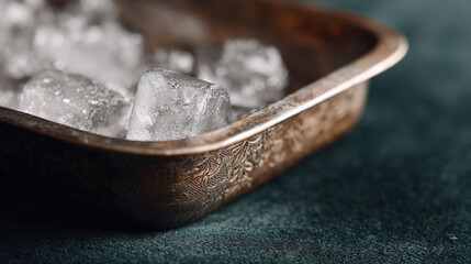Icy freshness in an ornate, metallic tray. Closeup captures the melting ice cubes, suggesting refreshment, cooling, and sophistication. Ideal for culinary or beverage themes.