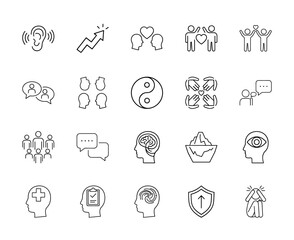 Fototapeta premium Psychology and communication line icon set. Vector pictograms of ear, growth, love, support, dialogue, group, yin-yang, brain, insight, mental health, and stress, thin linear illustration.