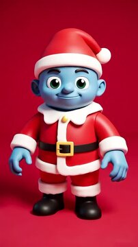 A 3D animation featuring a Santa's helper dressed in typical Christmas attire, laughing happily, against a red background. Perfect loop.