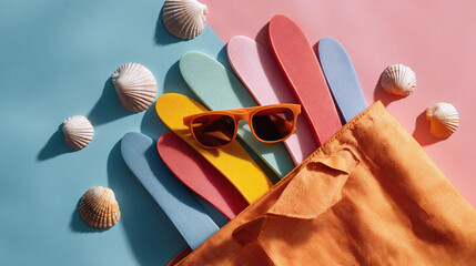 Vibrant summer flat lay featuring colorful flipflops, sunglasses, shells, and a beach bag. Perfect for travel, vacation, and lifestyle imagery.