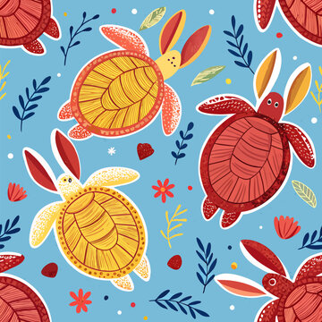 A lively seamless pattern of scattered turtle shells and bunny ears