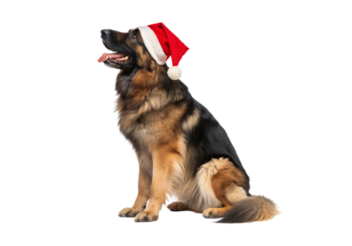 Isolated German Shepherd Dog wearing a Santa hat on a Transparent Background.