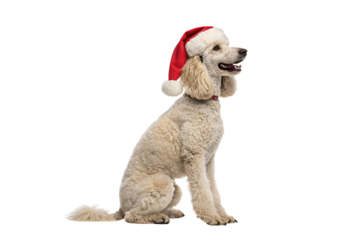 Isolated Poodle Dog wearing a Santa hat on a Transparent Background.