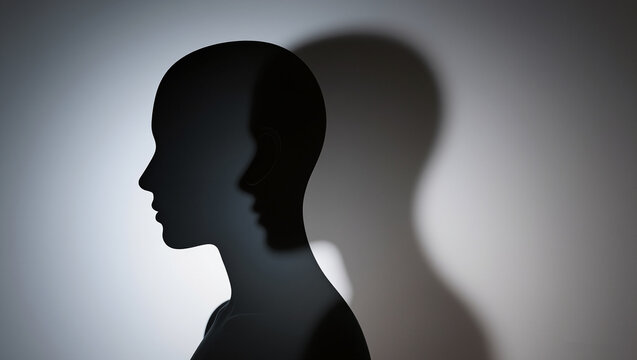 Conceptual Psychology Portrait Silhouette with Dual Shadow, Identity and Mind Reflection, Abstract Human Art Illustration