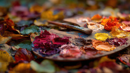 Artist Palette With Paintbrush And Autumn Colors On Fall Leaves Showing Creative Seasonal Art Inspiration Concept