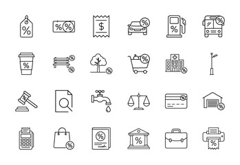 Consumer discounts and sales line icon set. Vector pictograms of price tag, shopping cart, car, credit card, bank, hospital, gas pump, and coffee cup, thin linear illustration.
