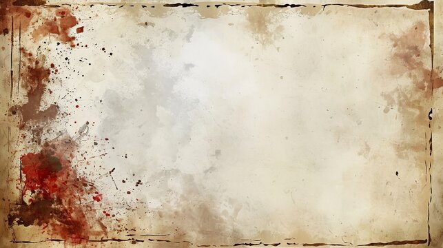 Old paper texture with a grunge border and blood splatters. Vintage stained parchment background for horror or mystery themes. Abstract distressed backdrop with copy space