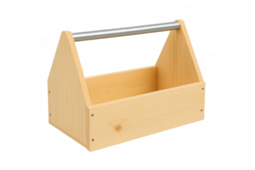 Empty wooden toolbox with metal handle, carrying organizer, and storage container on a transparent background