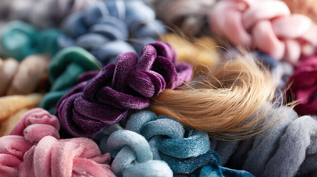 Closeup of colorful velvet hair ties with soft strands, evoking femininity, style, and selfcare. Perfect for beauty, fashion, lifestyle, or wellness content. - Powered by Adobe