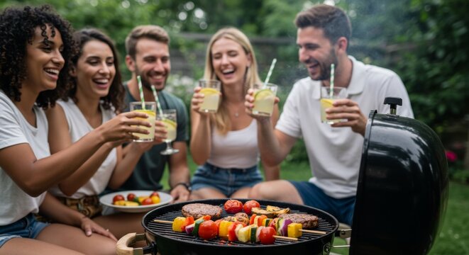 Group of happy young adult friends, two women and two men, laughing and toasting drinks while grilling outdoors.