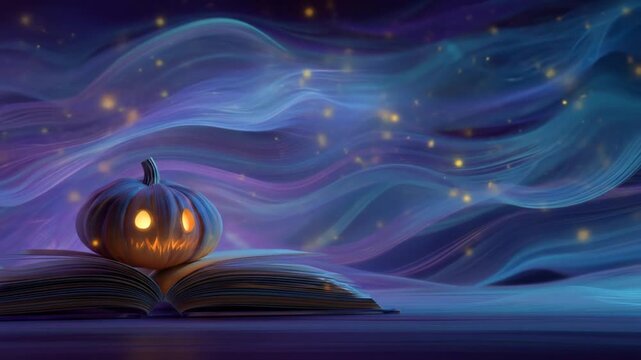Halloween pumpkin on book with illuminated face in mystical background