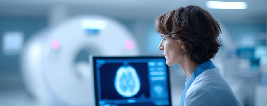 Doctor reviews a brain scan. Medical professional analyzing results. Healthcare, technology, diagnosis, research, treatment concepts.
