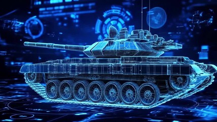 Futuristic digital tank blueprint with technological holographic interface - Powered by Adobe