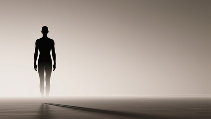 Obraz premium Silhouette Walking in Fog, Minimal Human Figure, Conceptual Misty Landscape, Mystery Atmosphere Scene