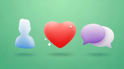 3D render of glossy social media icons featuring a user profile, a vibrant red heart, and speech bubbles, symbolizing online connection and communication - Powered by Adobe