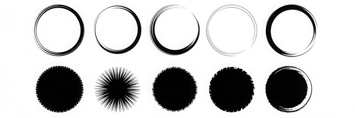 Hand drawn brush round set. Crayon pencil brush stroke black round shape. Scribble sketch hand drawn crayon, ink splash, rough dot texture circle elements. illustration
