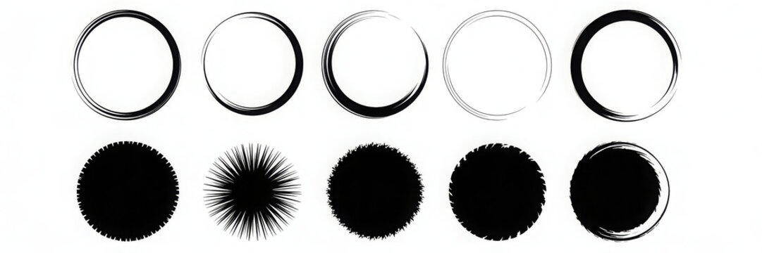 Hand drawn brush round set. Crayon pencil brush stroke black round shape. Scribble sketch hand drawn crayon, ink splash, rough dot texture circle elements. illustration - Powered by Adobe