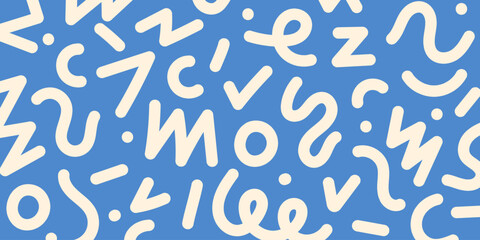 Fun blue seamless pattern. Creative doodle abstract style art background for kids. Trendy texture design with contemporary basic shapes. Vector illustration