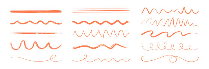 Line marker red underline set. Hand drawn red pen and brush stroke with underline accent, swoosh detail and squiggly sketch mark. Scribble texture and curved paint tail. Vector illustration