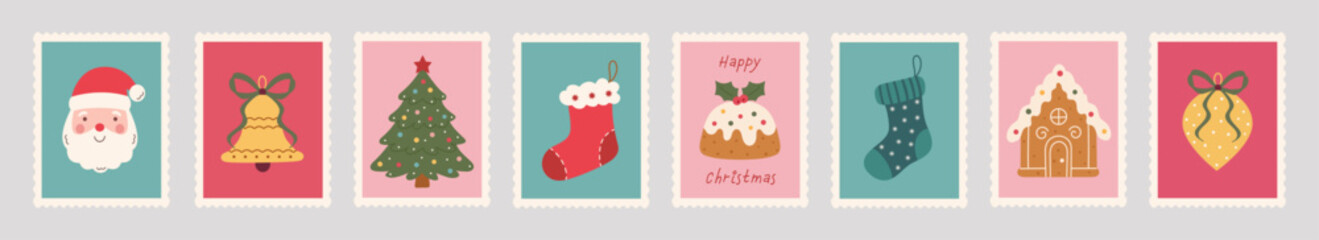 Christmas postage stamp set:hand-drawn tree,Santa, stockings,bell, bows, pudding, gingerbread house. Soft pink, teal, and red tones with scalloped edges create vintage, festive vector Xmas mail style.