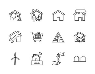 Real estate and home services line icon set. Vector pictograms of house, family, repair, renovation, property sale, green energy, key, and neighborhood, thin linear illustration.