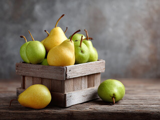 Fresh pears in rustic box. Vibrant green yellow fruits, wooden backdrop. Ideal for food blogs, healthy eating, seasonal themes, organic produce promotions.