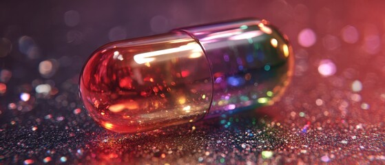 Colorful glitter capsule glowing in vibrant rainbow light on sparkling surface