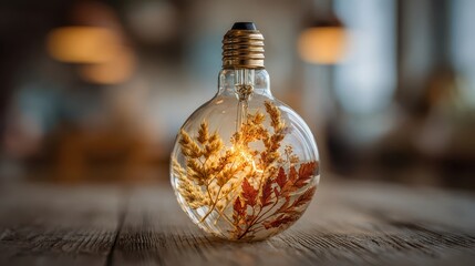 Decorative lightbulb with dried flowers and warm glow on wooden table