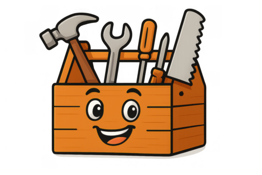 Wooden toolbox character smiling, filled with various repair tools including a hammer, wrench, saw, and screwdrivers