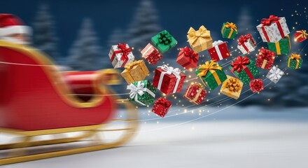 A red sleigh moves through a snowy landscape, surrounded by colorful Christmas gifts flying in the air. Pine trees are blurred in the background.