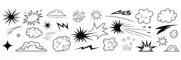 Comic line speed effect cartoon explosive vector set. Hand drawn sketch doodle comic line speed motion, explosive cartoon burst, boom energy, impact power action element. Vector illustration