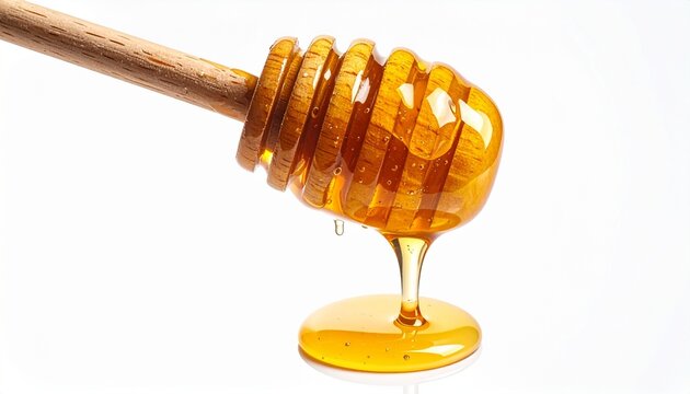 Golden honey flowing from a wooden dipper onto a smooth surface, highlighting texture and natural sweetness.
