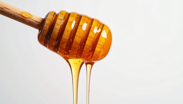 Golden honey flowing from a wooden dipper onto a smooth surface, highlighting texture and natural sweetness. - Powered by Adobe