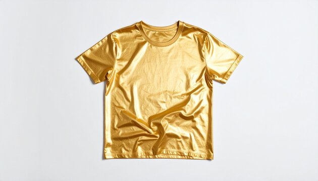 Glossy metallic gold t-shirt with round neckline and gathered hem, laid flat on white background. - Powered by Adobe