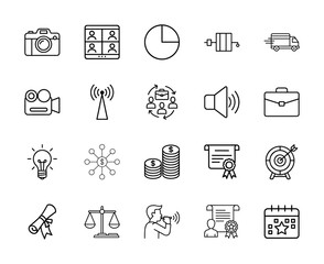 Fototapeta premium Corporate development line icon set. Vector pictograms of camera, video call, pie chart, delivery, teamwork, idea, money, and certificate, thin line illustration.