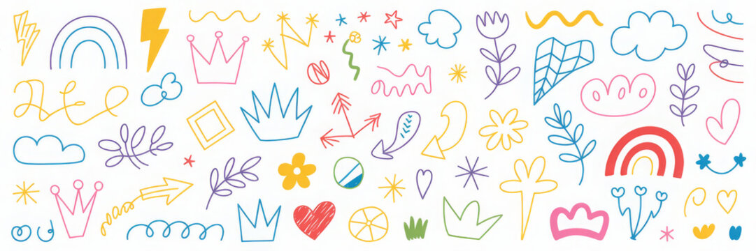 Naklejki Line icon cute element set. Doodle line color icon decorative arrow, cloud, crown, sparkle and flower. Hand drawn heart, sketchy figure, funny outline and cartoon ribbon for kids. Vector illustration