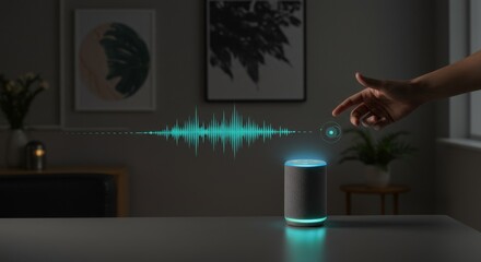 Woman's hand interacting with smart speaker emitting sound wave, voice assistant concept, artificial intelligence.
